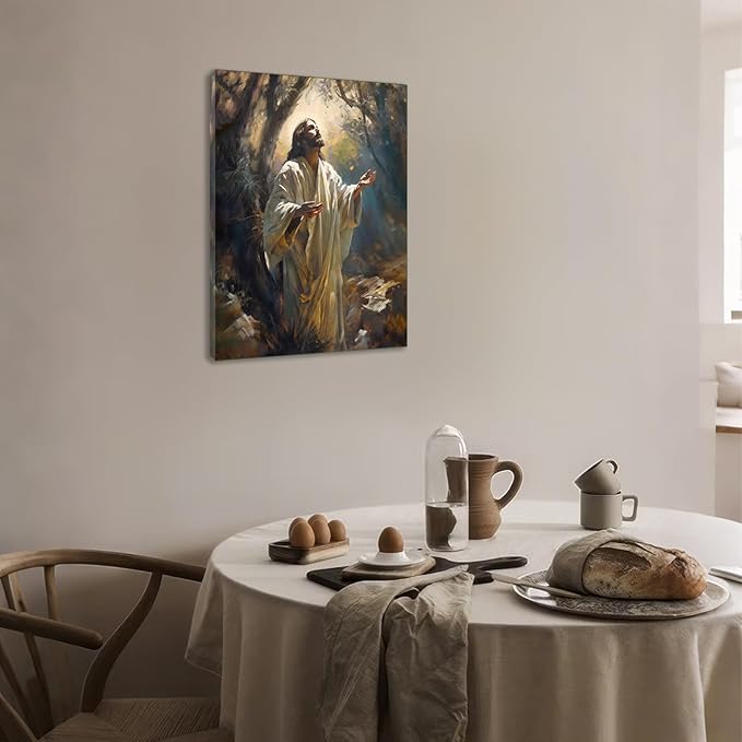 Aglcatie Jesus Canvas Wall Art Christian Wall Decor Pictures Painting Jesus Praying in the Garden of Gethsemane Printed Poster for Living Room Bedroom Church Decoration Framed 12x16 in