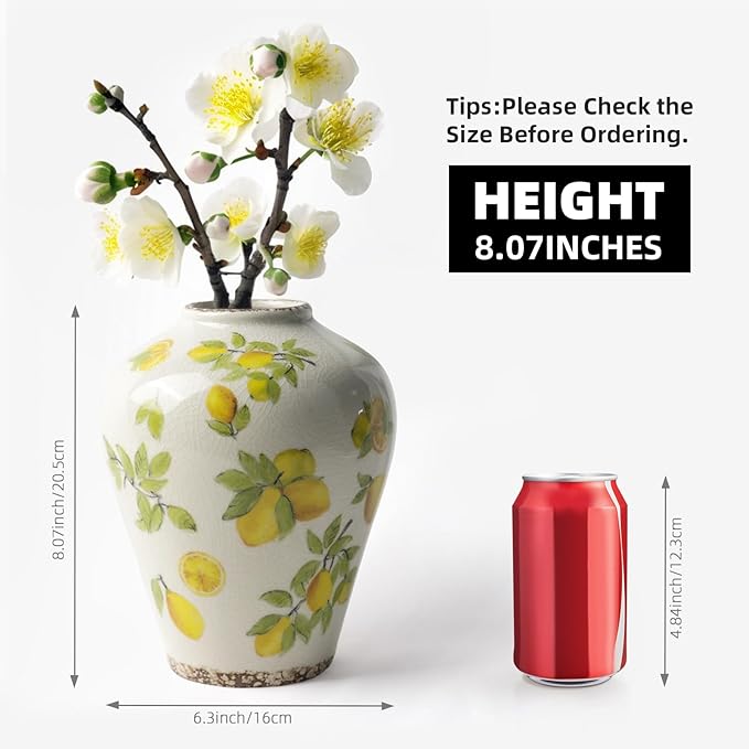 Vintage Lemon Ceramic Vase, Ice Glazed Crack Farmhouse Pitcher Vase for Shelf, Centerpiece Table,Room,Bathroom,Bedroom,Living Room,Office Decorations(7.8 inch)