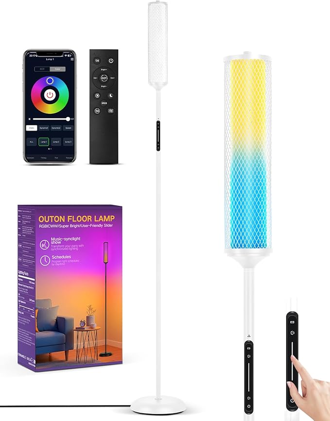 OUTON LED Floor Lamp with Remote & APP Control, Tall Standing Lamp, 16 Million Colors, 32 Scene Modes & Music Sync, Modern Corner Lamps for Living Room, Bedroom, Gaming, White & Metal Lampshade