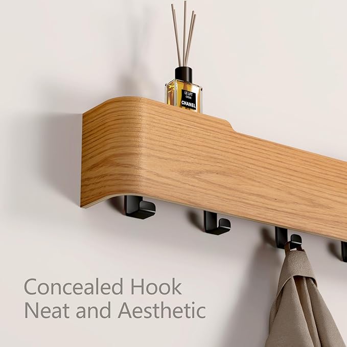 Coat Rack Wall Mount Entryway Organizer Modern Key Holder Wall Mount with Wooden Shelf Entryway Hooks for Bedroom Kitchen Hallway Bathroom for Hanging Coats Hats Dog Leashes Bags Towels (Oak, 5 Hooks)