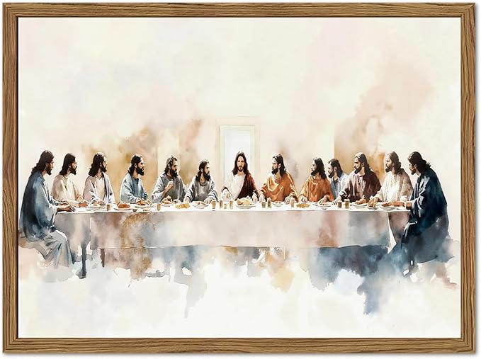 Jesus Last Supper Wall Art, Christian Wall Decor Pictures, Religious Watercolor Canvas Paintings Prints Bible Artwork for Living Room Dining Room Church Faith Decor 12x16 Inch Framed