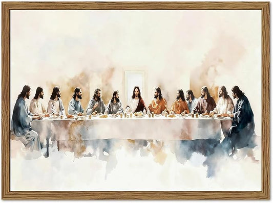 Jesus Last Supper Wall Art, Christian Wall Decor Pictures, Religious Bible Watercolor Canvas Prints Paintings Artwork for Living Room Dining Room Church Easter Faith Decor 16x24 Inch Framed