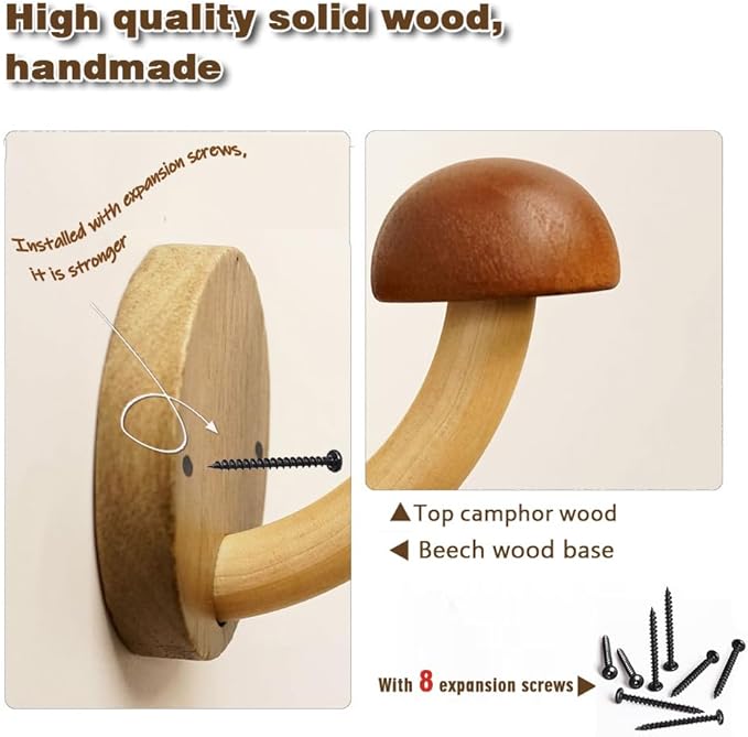Wooden Mushroom Coat Hooks, Mushroom-Shaped Coat Hangers, Wall Mounted Towel Hanger, Solid Wood, Colorful, Set of Hooks with Screws (4 Hooks & 8 Screws)