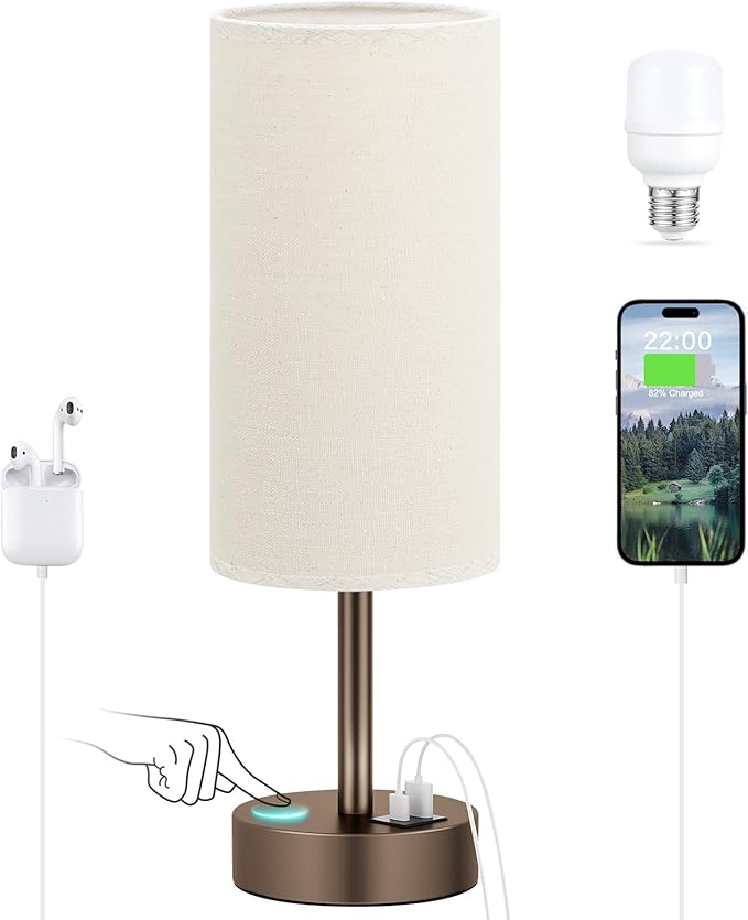 Dicoool Beige Touch Table Lamp for Bedroom - 3 Way Dimmable Bedside Lamp with USB, Nightstand Lamp with Brown Charging Station for Desk, Dorm, Office