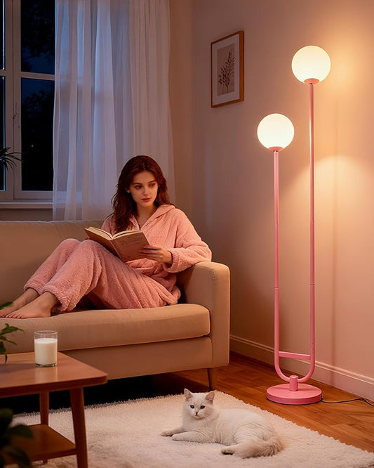 Lightdot 63IN Pink Floor Lamp, Modern Mid Century Globe Standing Lamps with 3000K LED Bulbs Candle Holder Style Unique Vintage Tall Floor Lamp for Living Room/Wedding