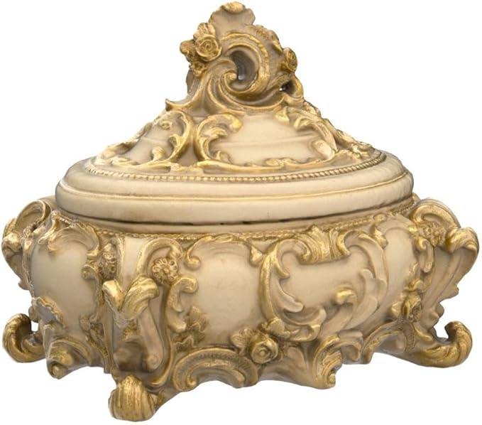 Touch of Class Oliviana Covered Box - Resin - Ivory, Gold - Victorian Style - Acanthus Leaves - Vintage Decor for Jewelry, Trinkets, Keys - Place in Bedroom, Bathroom, Foyer, Entryway