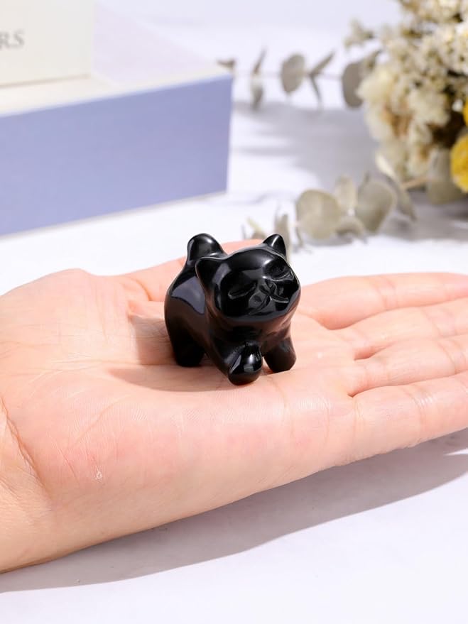 Jovivi Natural Black Obsidian Crystal Cat Statue Home Decor Carved Gemstone Cat Figurines Collectibles Pocket Sculpture Pet Memorial Decorative Ornament Gift for Cat Lovers