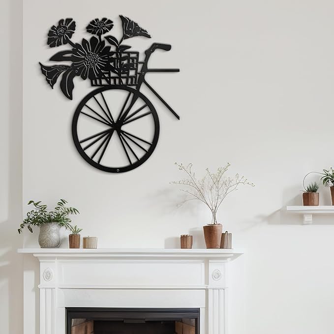 SIGNLEADER Metal Wall Art Decor Floral Bouquet in Bicycle Modern Abstract Wall Sculpture Hangings Home Decoration for Living Room, Bedroom, Bathroom, Kitchen, Outdoor - 18" Black
