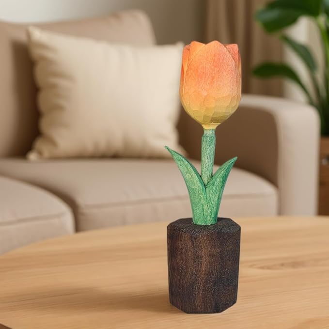 Handcrafted Wooden Tulip Figurine – Elegant Basswood Carved Sculpture, Unique Gift with Premium Gift Box, Ideal for Mother’s Day, Anniversary, Birthday, Home Office Décor (Orange)