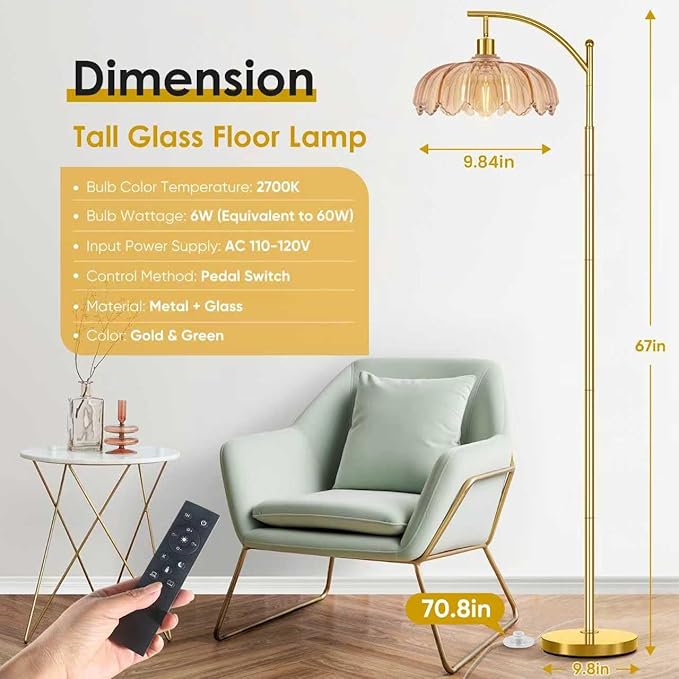 gernehop Gold Floor Lamp for Living Room with Remote,Unique Vintage Standing Tall Lamp,Mid Century Modern Floor Lamps Arc Glass Floor Lamps for Office Corner