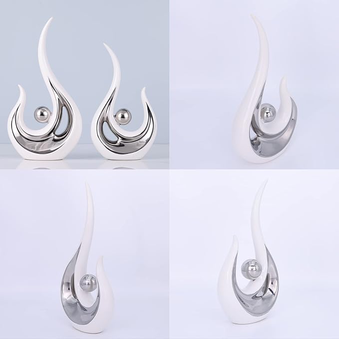 DOVDOV Abstract Ceramic Statues Set of 2, Silver and White Home Decor, Now Decorative Centrepieces, Consoles, Shelves, Dining Table Centrepieces, Entry Table Decor Aesthetics