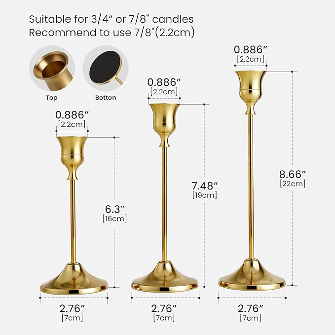 Gold Candle Holders Set -30pcs Taper Candle Holder for Candlesticks, Tall Metal Candlestick Holders for Table Centerpiece, Home Decor, Fits 3/4 Inch Thick Candles (Gold, 4 Sets(12 Pcs))