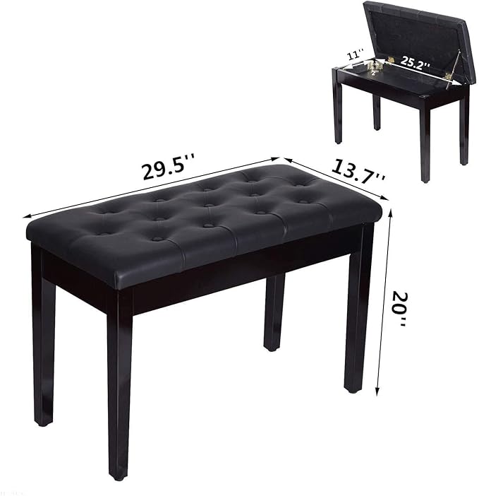 Piano Bench with Padded Cushion and Music Book Storage Compartment, Duet Wooden Seat, 13.7 x 29.5 x 20 inches, Load 440lb Black