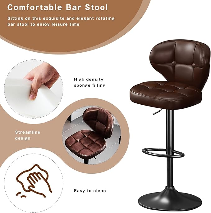 Bar Stools Set of 2,Adjustable Swivel Barstools, Modern PU Leather Upholstered Bar Chair with Back and Footrest,for Bar, Kitchen, Dining Room Brown-2
