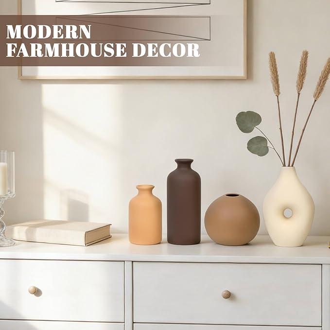 Ceramic Vase Set of 4, Modern Farmhouse Decor Vases for Home Table Centerpiece - Rustic Flower Vases for Living Room, Kitchen, Shelf, Bedroom, Office, Bathroom, Dining and Coffee Table Decor
