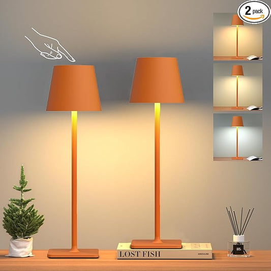Orange Cordless Table Lamp Set of 2-3 Way and Stepless Dimmable - for Restaurant Dining Bedroom Home Bar