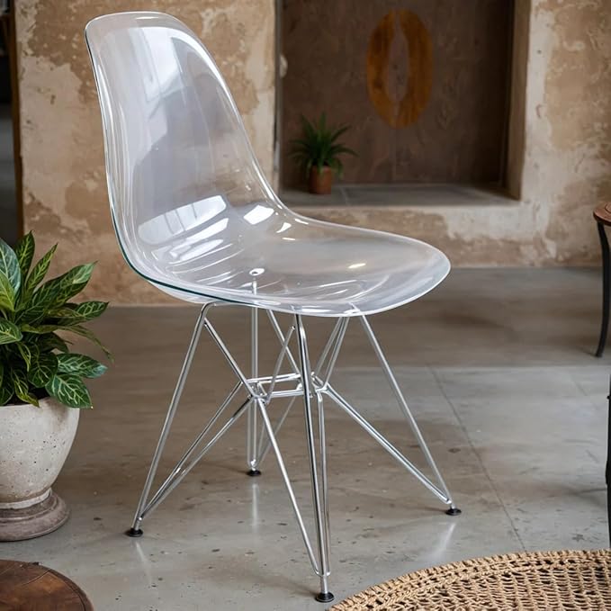 LeisureMod Cresco Acrylic Dining, Modern Chrome Eiffel Base and Curved Back Design, Ergonomic and Lightweight Accent Side Chair for Mid-Century Home, Kitchen, and Café (Clear, Singles)