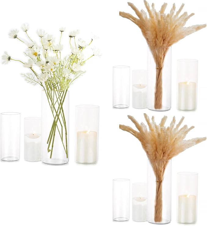Cylinder Vase Bulk Clear Esmiome - Cylinder Vases for Centerpieces 3 Sets (12Pcs) Hurricane Floating Candle Holder, Glass Vases for Flowers, Decorative Centerpiece for Wedding, 4''+6''+8''+10''(High)