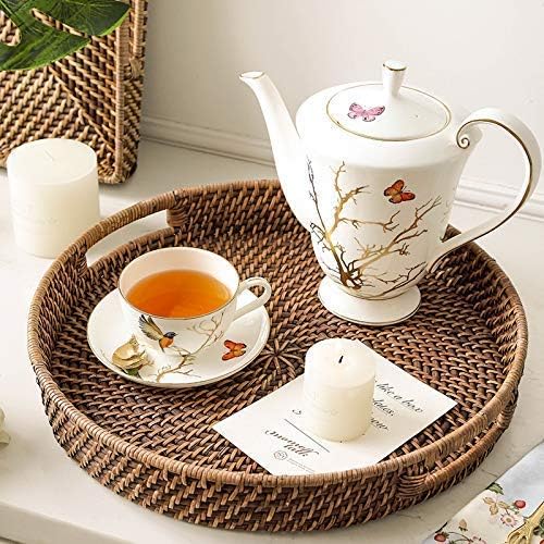 13.8 inch Rattan Tray, Round Wicker Tray with Cut-Out Handles, Woven Serving Tray for Dining/Coffee Table