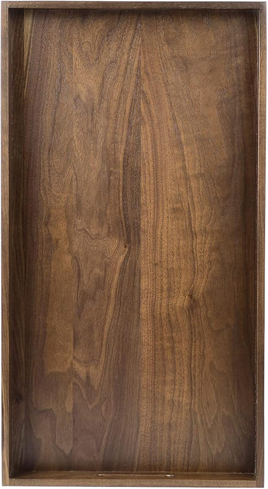 24"x13" XL Wooden Ottoman Tray with Handle FSC Natural Handmade Black Walnut Serving Tray Vintage Decorative Platters for Oversized Ottoman Kitchen