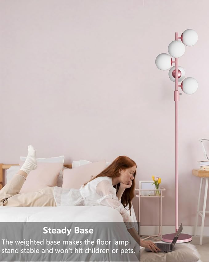 Lightdot Dimmable (Brightness Adjustable) Globe Floor Lamp, Retro Pink Pole Standing Lamps with 5PCS 3000K G9 Bulbs, Mid Century Modern Floor Lamp for Living Room Bedroom Home Office