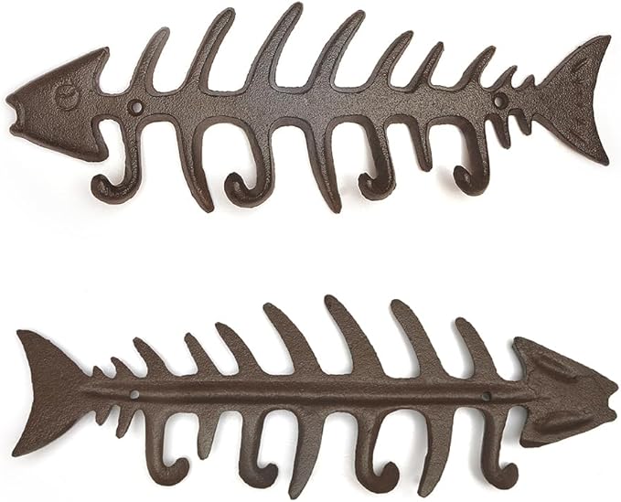 Cast Iron Decorative Fish Bone Wall Mounted Key Hooks Towel Rack Coat Hooks Holder Vintage Home & Wall Decor -with Screws - Brown