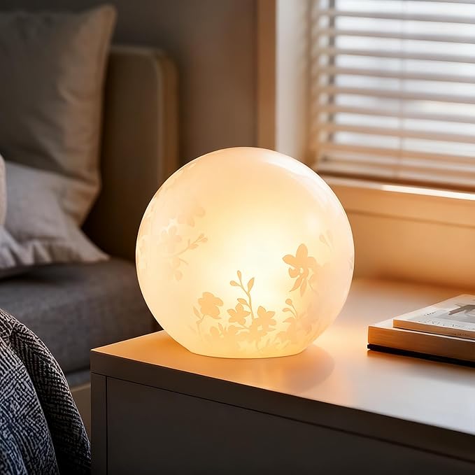 7.8 Inch Ball Table Lamp with Glass Shade Stylish Ball Light Lamp for Bedroom Living Room and Bookshelf Modern Design Perfect for Home Decor, Without Bulb (White Flower)