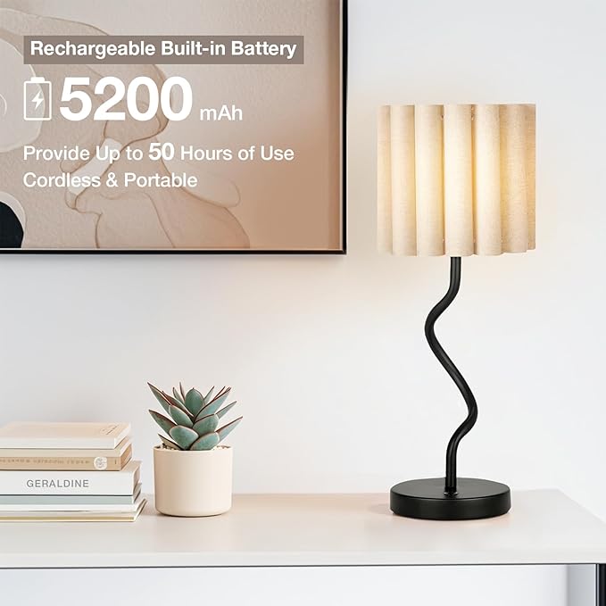 Cordless Scalloped Table lamp, Modern Black Lamp for Bedside Restaurant Dining Table, 5200-mAh Rechargeable Battery, 3-Level Brightness Dimmable, Build-in Integrated LED 320 Lumen Max