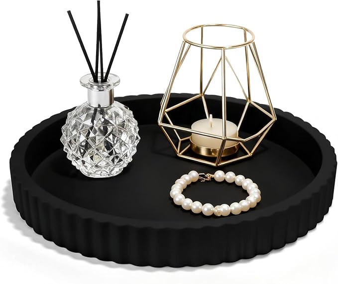 Decorative Tray for Coffee Table, 12'' Resin Modern Decorative Tray for Home Decor, Elegant Table Centerpiece Black Round Fluted Serving Vanity Tray for Bathroom Kitchen Living Room Decor