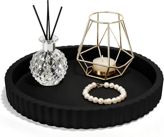 Decorative Tray for Coffee Table, 12'' Resin Modern Decorative Tray for Home Decor, Elegant Table Centerpiece Black Round Fluted Serving Vanity Tray for Bathroom Kitchen Living Room Decor