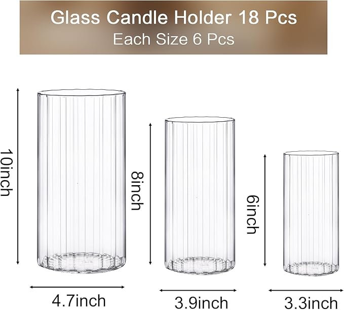 PHOSPHOR 18 Pcs Cylinder Glass Candle Holder 6'', 8'', 10'', Hurricane Candle Holder for Pillar Candle Tall Glass Cylinder Centerpieces Vases Floral Room Decor