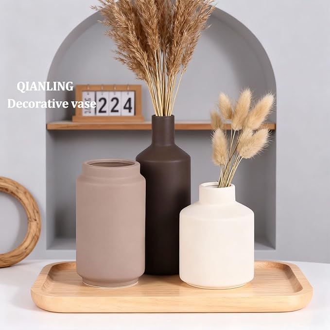 Ceramic Vase Set of 3 - Modern Neutral Vases Home Decor, Minimalism Decorative Vases, Boho Decor Small Flower Vase for Shelf, Dining Table Entryway Mantel Centerpiece Bookshelf Living Room Bathroom