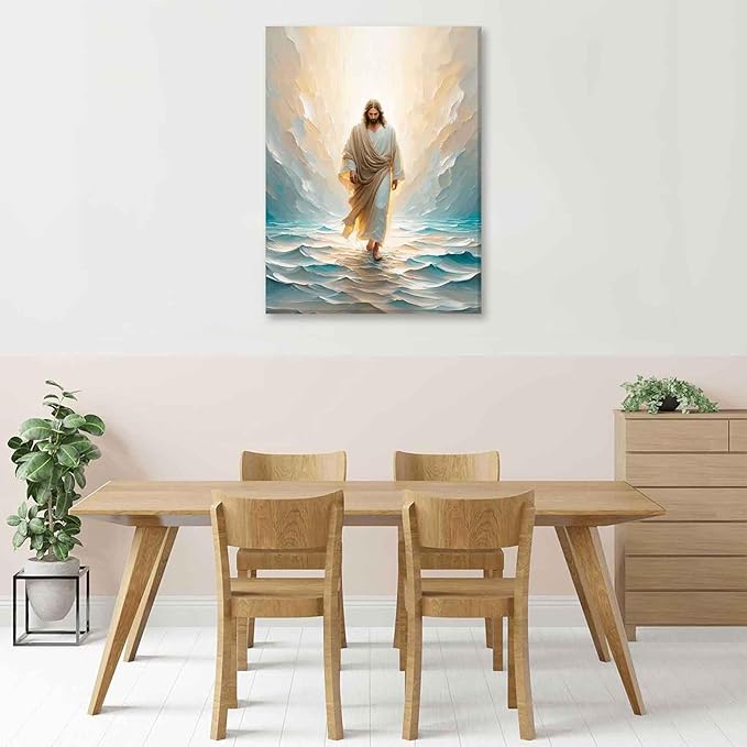 Jesus Walking On Water Canvas Wall Art Christian Bible Stories Wall Decor Picture Divine Light Modern Religious Poster Prints for Living Room Bedroom Church Home Decoration 12"x16"