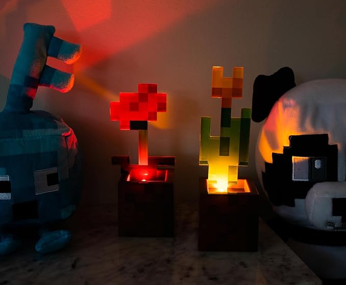 Minecraft Orange Tulip and Poppy Flower Pot Mood Lights, Set of 2 | Nightstand Table Lamp with LED Light for Bedroom, Desk, Living Room | Home Decor Room Essentials | Video Game Gifts And Collectibles