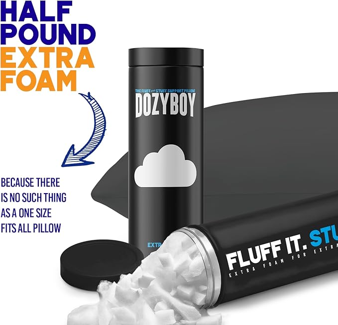 DozyBoy Fluff and Stuff Comfort Pillow | Queen Size Memory Foam Pillows, Chiropractor Designed and Approved 2-in-1 Back Support and Bed Pillows | Fully Adjustable Pillow (Black, Queen (Pack of 1))