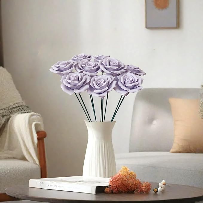 Handmade Porcelain 3D Ceramic Rose Flower, Eternal Flower Decoration for Home Office Decor, Creative Desktop vases, Porcelain Decorations, Set of 9 (Purple)