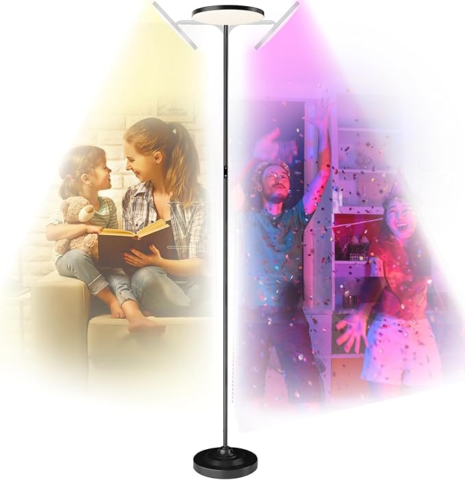 SIBRILLE RGB Floor Lamp, 36W Bright LED Standing Lamp, Stepless Dimming Color Changing Torchiere Floor Lamps with Remote, 350°Rotating Modern Tall Floor Lamp for Living Room, Gaming Room