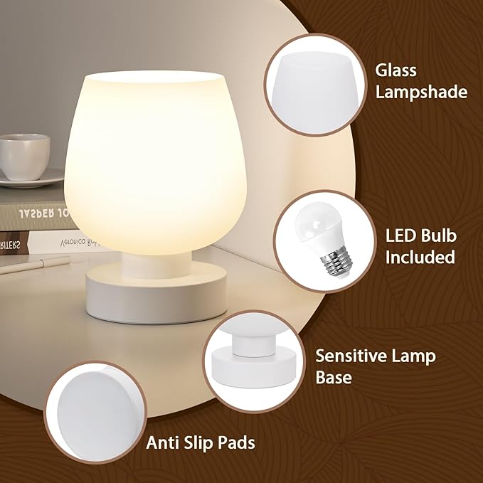 Seealle Touch Table Lamp for Nightstand - Small Bedside Lamp for Bedroom Living Room Night Stands, Desk Lamp with White Glass Shade for Small Spaces, 3 Way Dimmable, LED Bulbs, Gifts