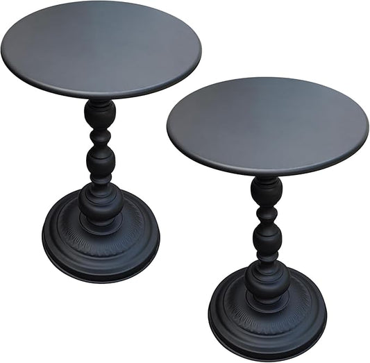 Benkyo Set of 2 Black Pedestal Round Side End Table，Small Metal Vintage Tables Iron Drink Table Circle Cocktail Table Coffee Table for Living Room Bedroom Samll Spaces