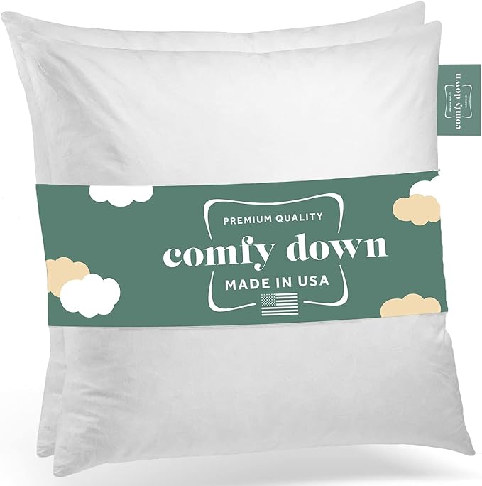 ComfyDown Set of Two 26x26 Decorative Throw Pillow Insert, Down and Feathers Fill, 100% Cotton Cover 233 Thread Count, Square Pillow Insert - Made in USA