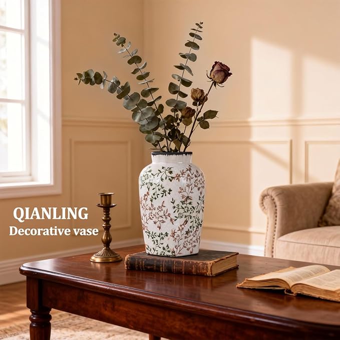 Green and White Vintage Vase - 9.7 Inchs Chinoiserie Decor Crackle Finish Floral Vase, Rustic Farmhouse Decorative Vases for Table, Living Room, Bathroom, Shelf Decor, Mantel, Centerpieces