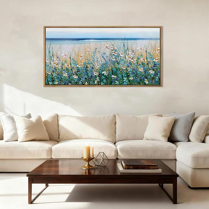Large Blue Seaside Cyan Floral Wall Painting wildflower Blossom Art Framed Artwork for Living Room Bedroom 20x40 Inch