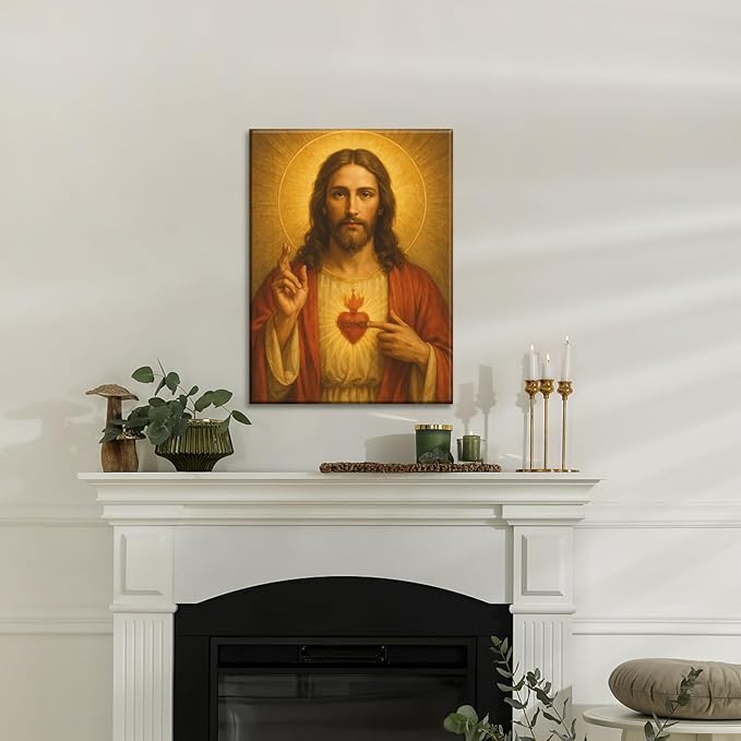 Sacred Heart of Jesus Canvas Wall Art Divine Mercy Wall Decor Jesus Portrait Painting Christian Religious Artwork Catholic Poster Prints for Bedroom Living Room Prayer Room Church 16x24in