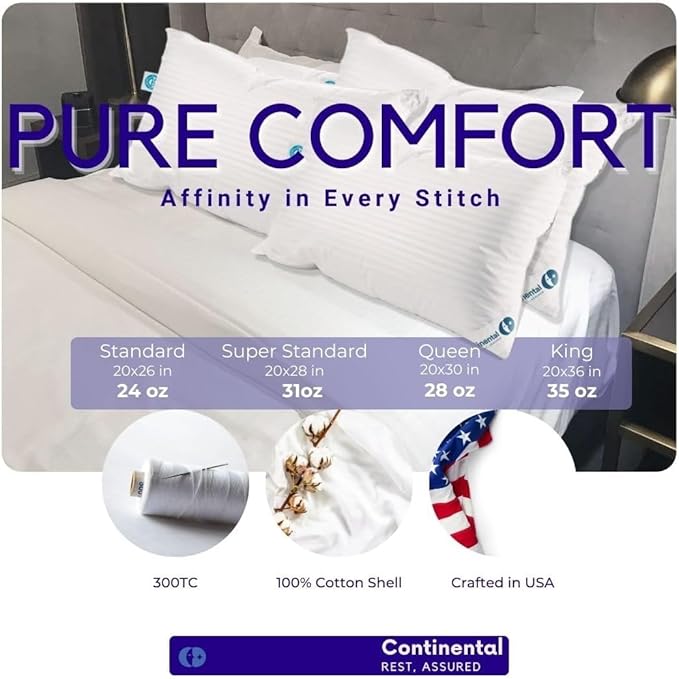 Continental Bedding Affinity Down Alternative Pillow, Medium Firm, 300TC 100% Cotton Shell, for Side, Back, and Stomach Sleepers