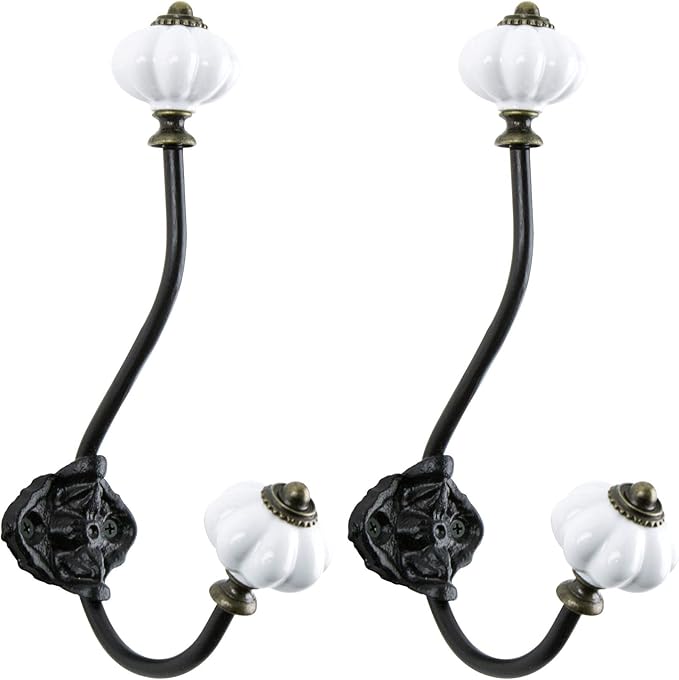 NIKKY HOME Wall Hooks Decorative 2 Pack Hanging Rustic Vintage Pumpkin Metal Iron Ceramic Antique Mounted Wall Hook for Towels Coat Bag Scarf Cap Hat Key for Farmhouse Mudroom Closet Bathroom, White