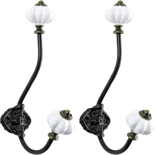 NIKKY HOME Wall Hooks Decorative 2 Pack Hanging Rustic Vintage Pumpkin Metal Iron Ceramic Antique Mounted Wall Hook for Towels Coat Bag Scarf Cap Hat Key for Farmhouse Mudroom Closet Bathroom, White