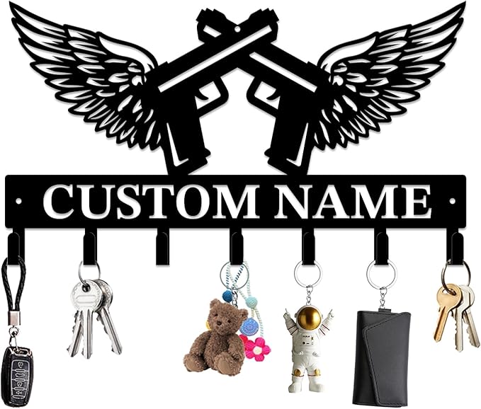 Personalized Custom Name Gun Wall Hooks,Metal Gun Room Art Clothes Hooks,Metal Gun Wall Home Storage Decorative,For Front Door, Hallway, Kitchen, Bedroom,Keys,Hats (Style D)