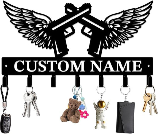 Personalized Custom Name Gun Wall Hooks,Metal Gun Room Art Clothes Hooks,Metal Gun Wall Home Storage Decorative,For Front Door, Hallway, Kitchen, Bedroom,Keys,Hats (Style D)