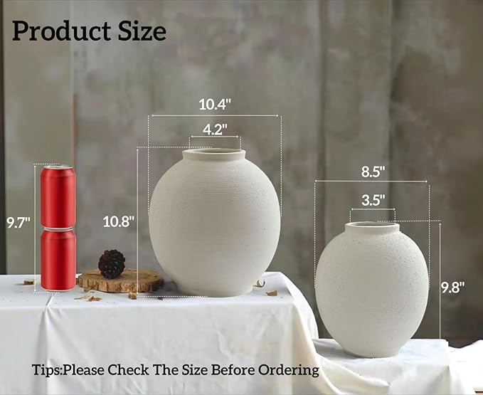 Large White Ceramic Vase, 10.8 inch Round Minimalist Textured Vase, Rustic Farmhouse Decor for Home, Living Room, Shelf, Table, Wedding & Entryway Decoration (Sandstone White)