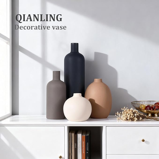 Ceramic Vase Set of 4, Modern Vases Home Decor, Neutral Decorative Vase for Bouquet Pampas Grass Dried Fresh Flowers, Small Vase for Living Room, Kitchen, Bedroom, Bathroom, Entryway Mantel, Decor